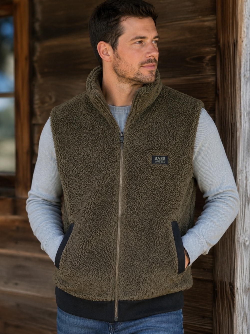 #1224 Bass Outdoor Men's Coastal Sherpa/Coastal Fleece Full-Zip Vest.